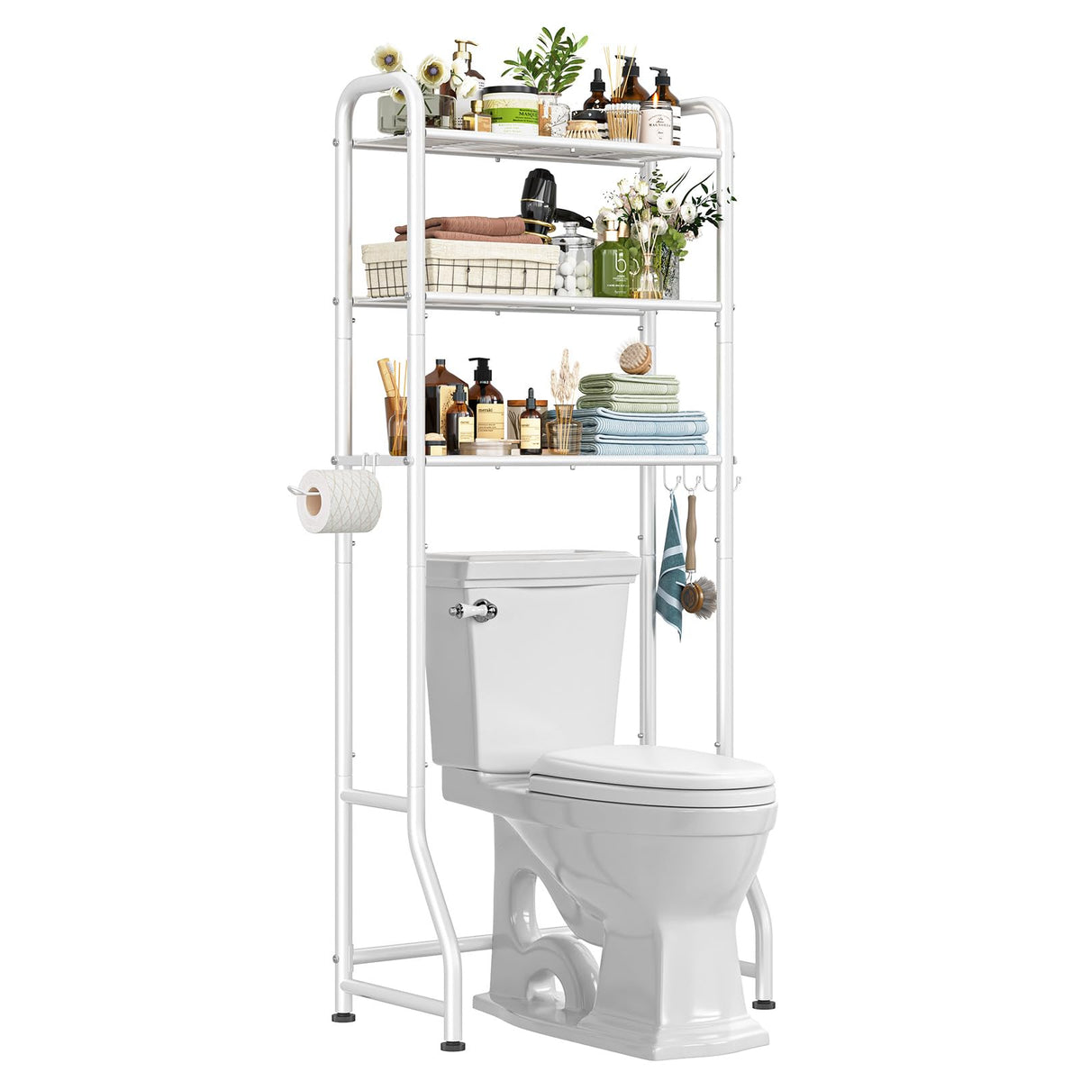 Simple Trending over-the-toilet rack side view highlights vertical space-saving design