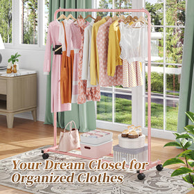 Simple Trending pink clothes rack on wheels offers easy mobility and versatile placement.