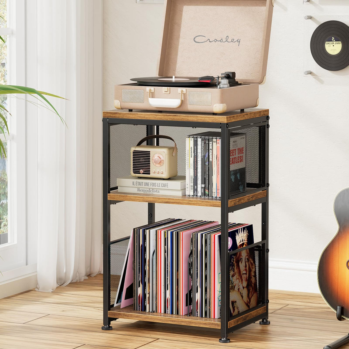 Simple Trending record-player-stand with dense mesh design for secure storage
