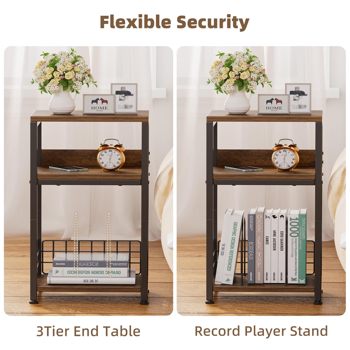 Industrial rustic finish on the Simple Trending record player stand adds vintage charm.