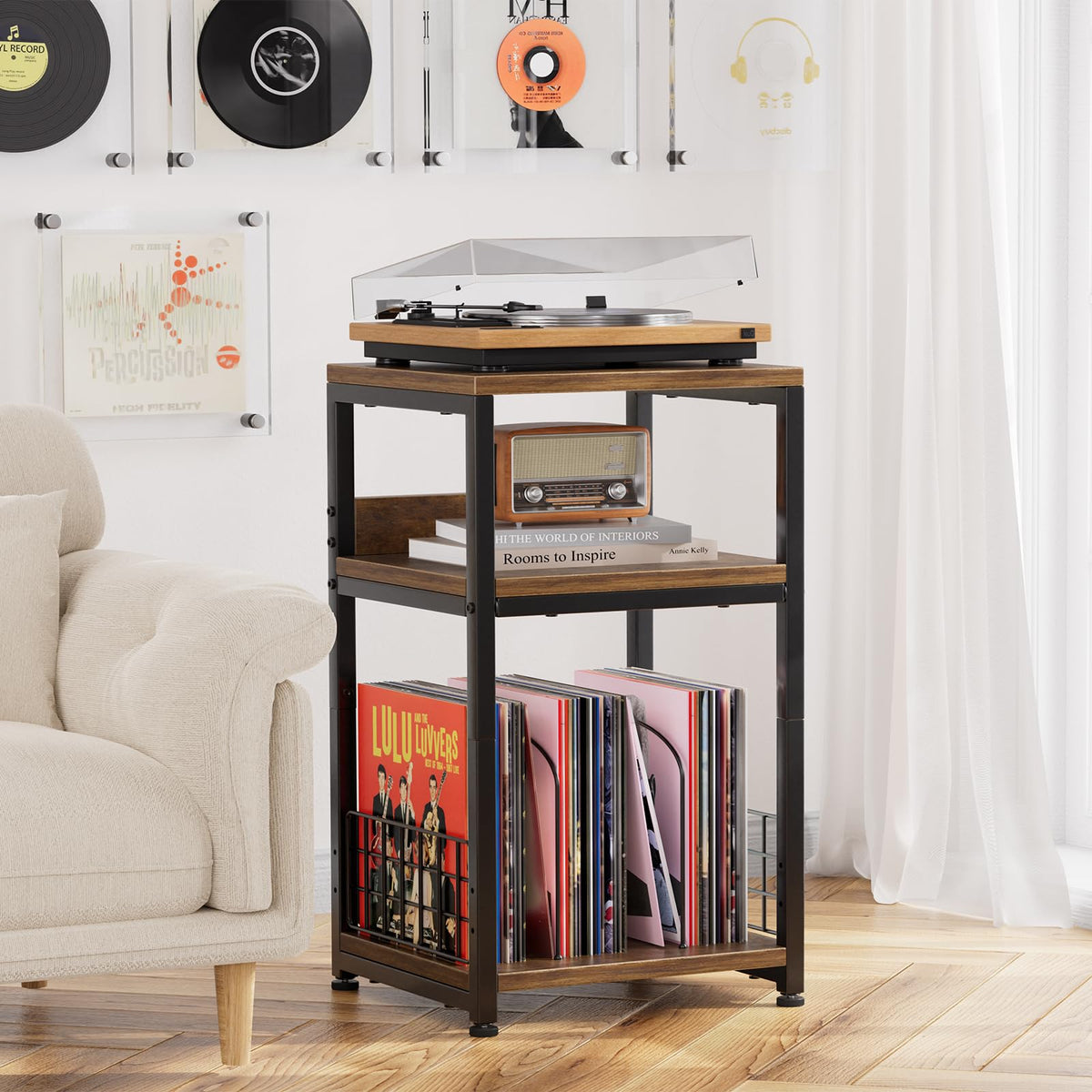 Simple Trending record player stand with open shelves for easy vinyl access.