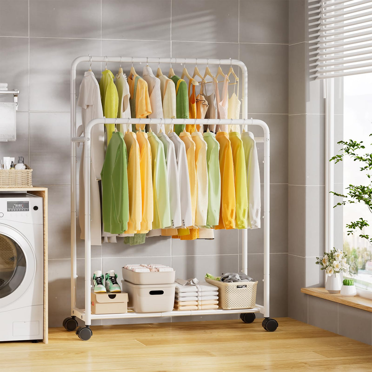 Simple Trending rolling coat rack with lockable wheels for easy repositioning