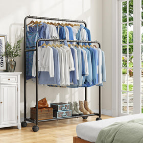 Simple Trending rolling garment rack shows dual hanging spaces and stability