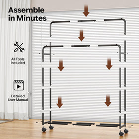 Simple Trending rolling rack provides hanging space plus storage on the bottom shelf