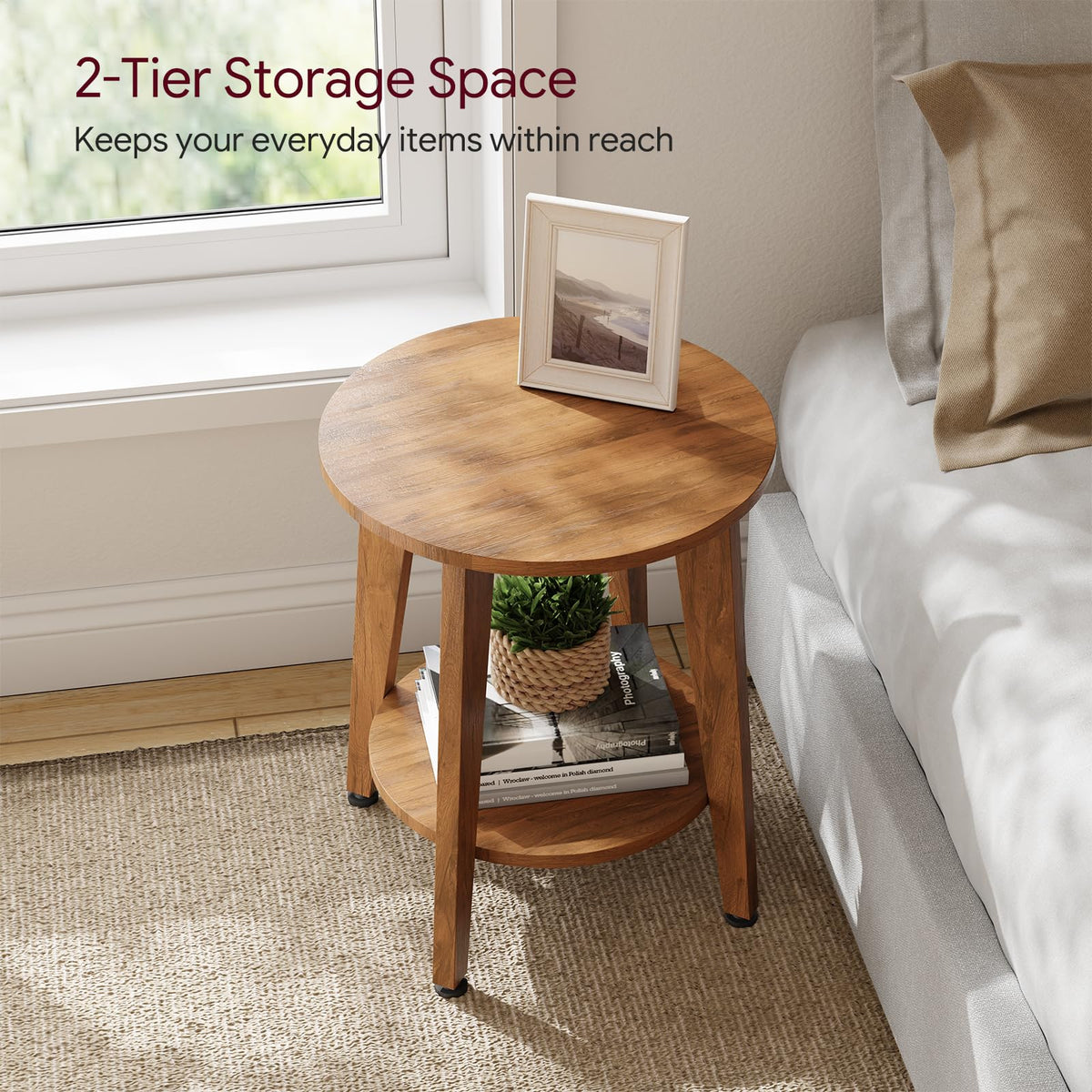 Simple Trending Round Side Table in rustic walnut finish adds warmth to a living room