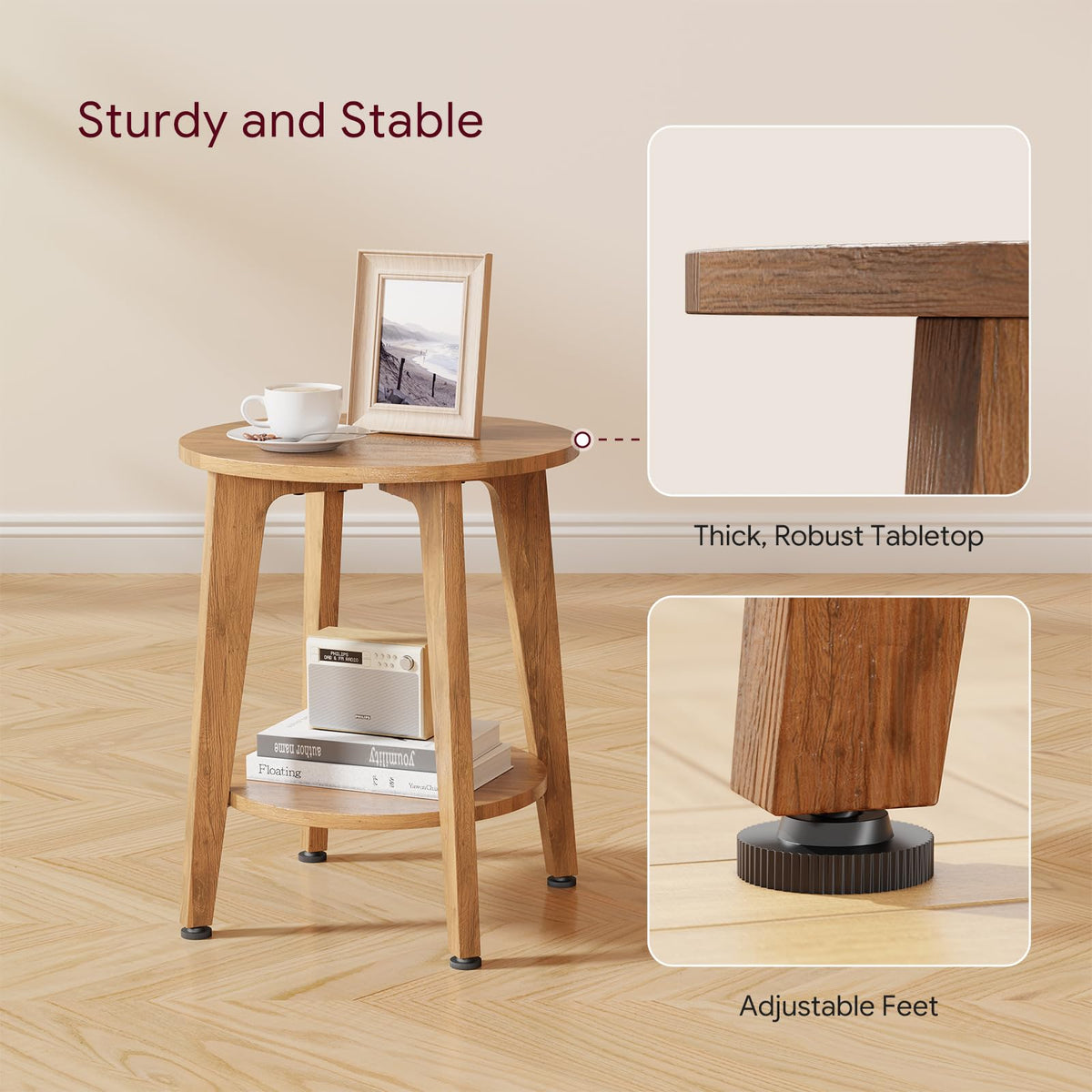 Simple Trending Round Side Table featuring two-tier storage for surfaces and shelves