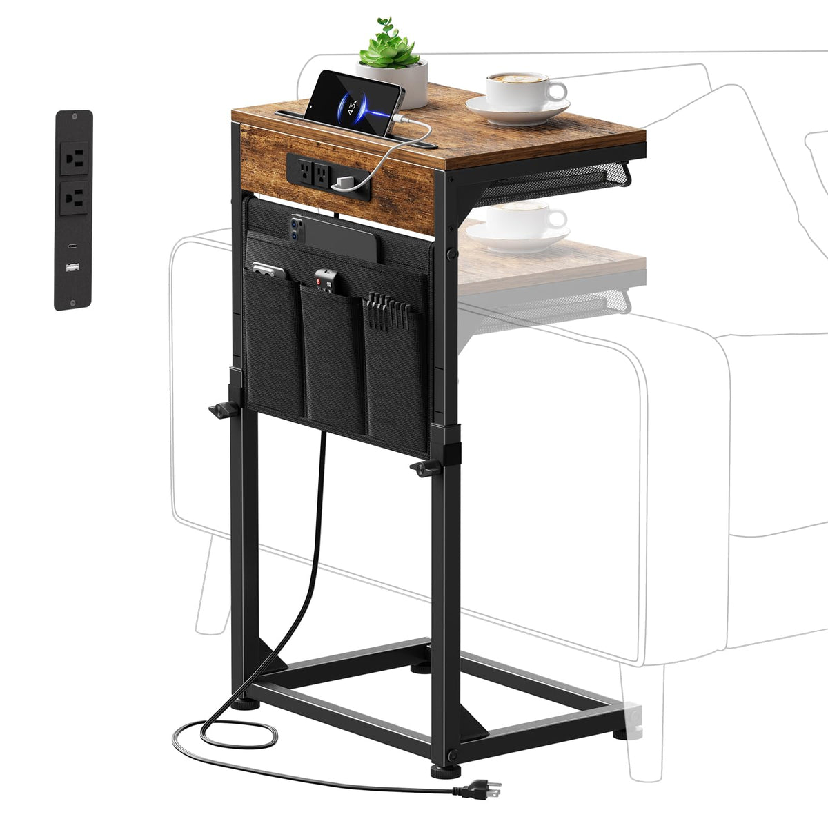 Simple Trending side table with charging station and USB port on a rustic brown finish