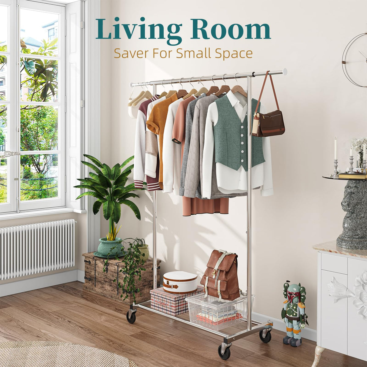 Simple Trending rack in a laundry room illustrates space-saving organization