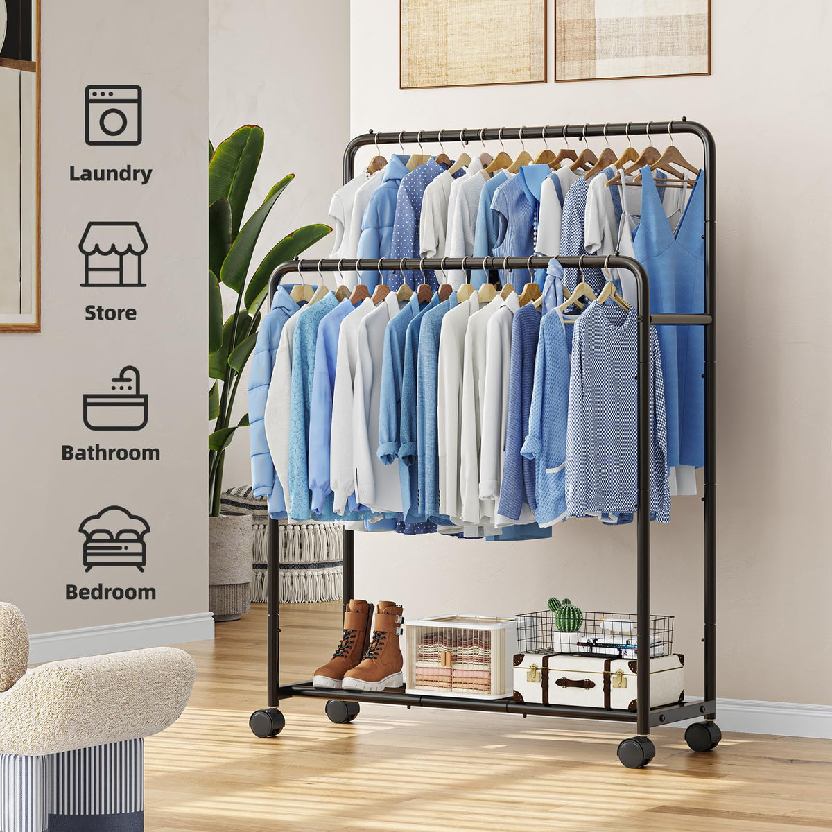 Simple Trending steel rack with lockable wheels keeps garments secure