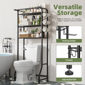 Three-tier toilet storage rack in black adds versatile bathroom storage.