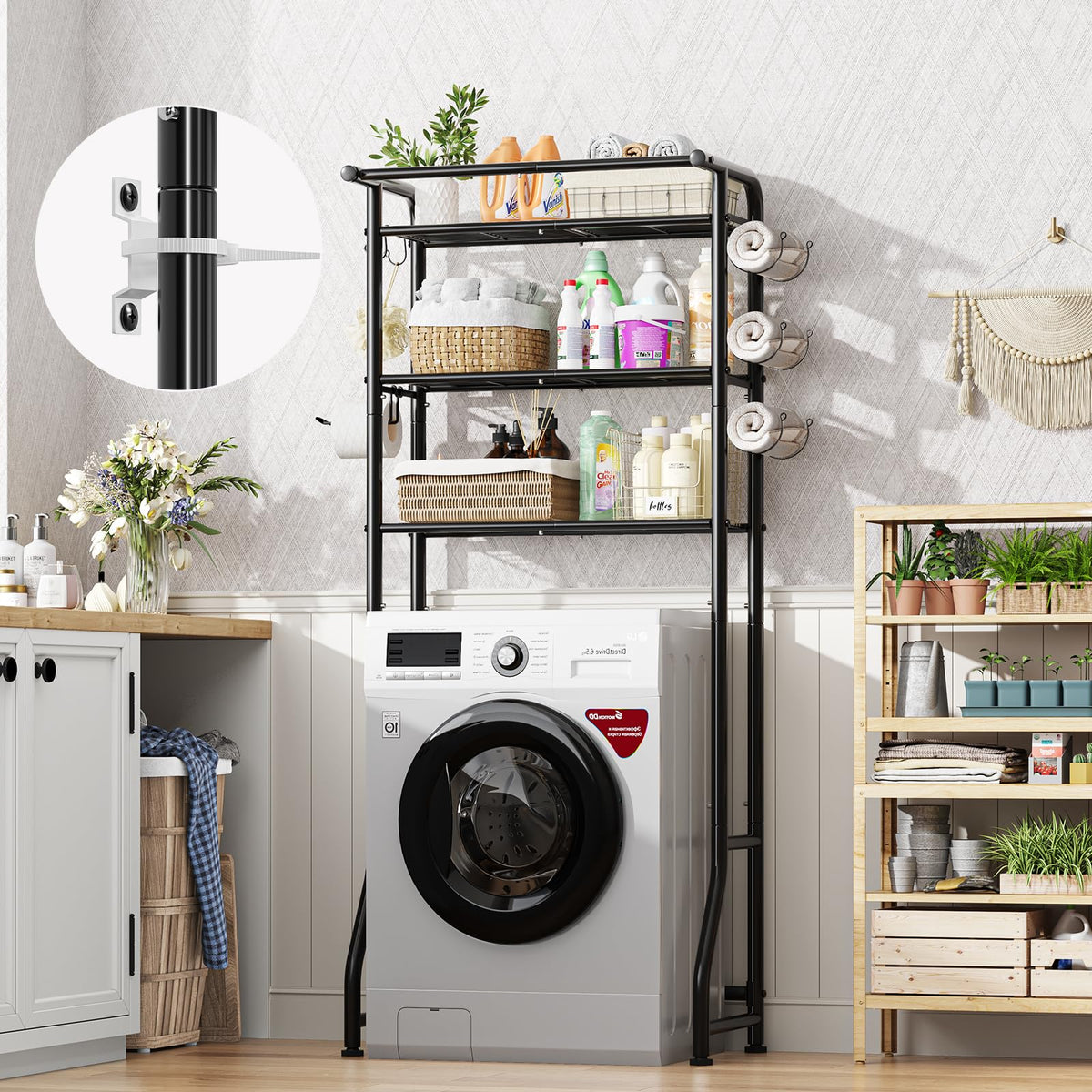 Over-the-toilet rack includes built-in paper holder for convenient bathroom use.