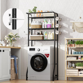 Over-the-toilet rack includes built-in paper holder for convenient bathroom use.