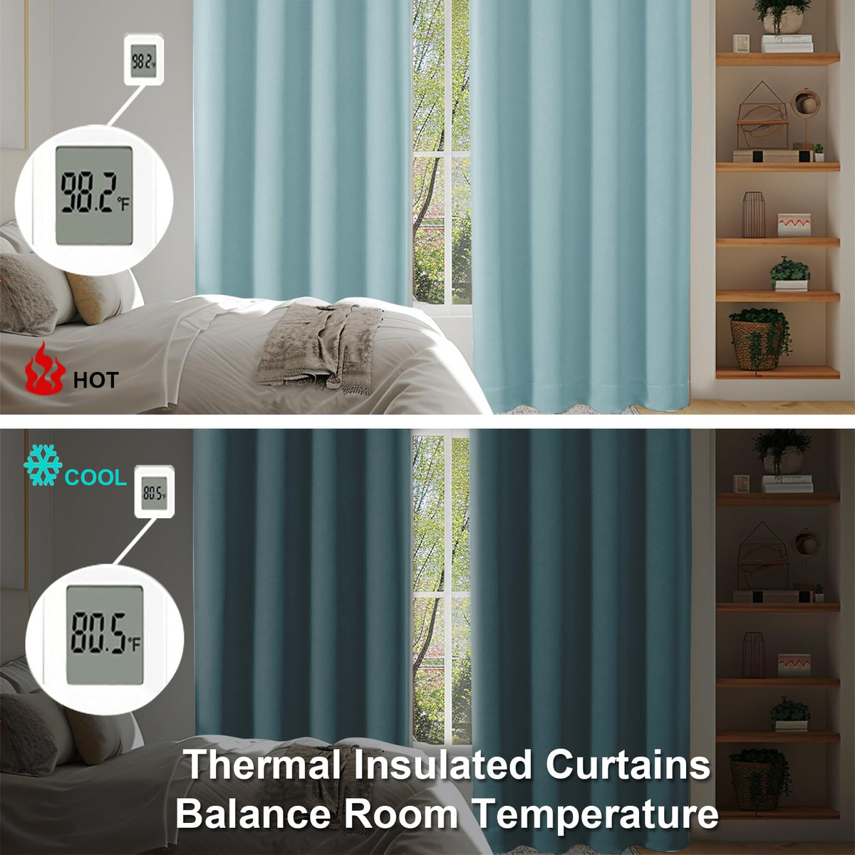 Energy-saving performance depicted in Simplebrand Ava Aqua curtains with layered weave.