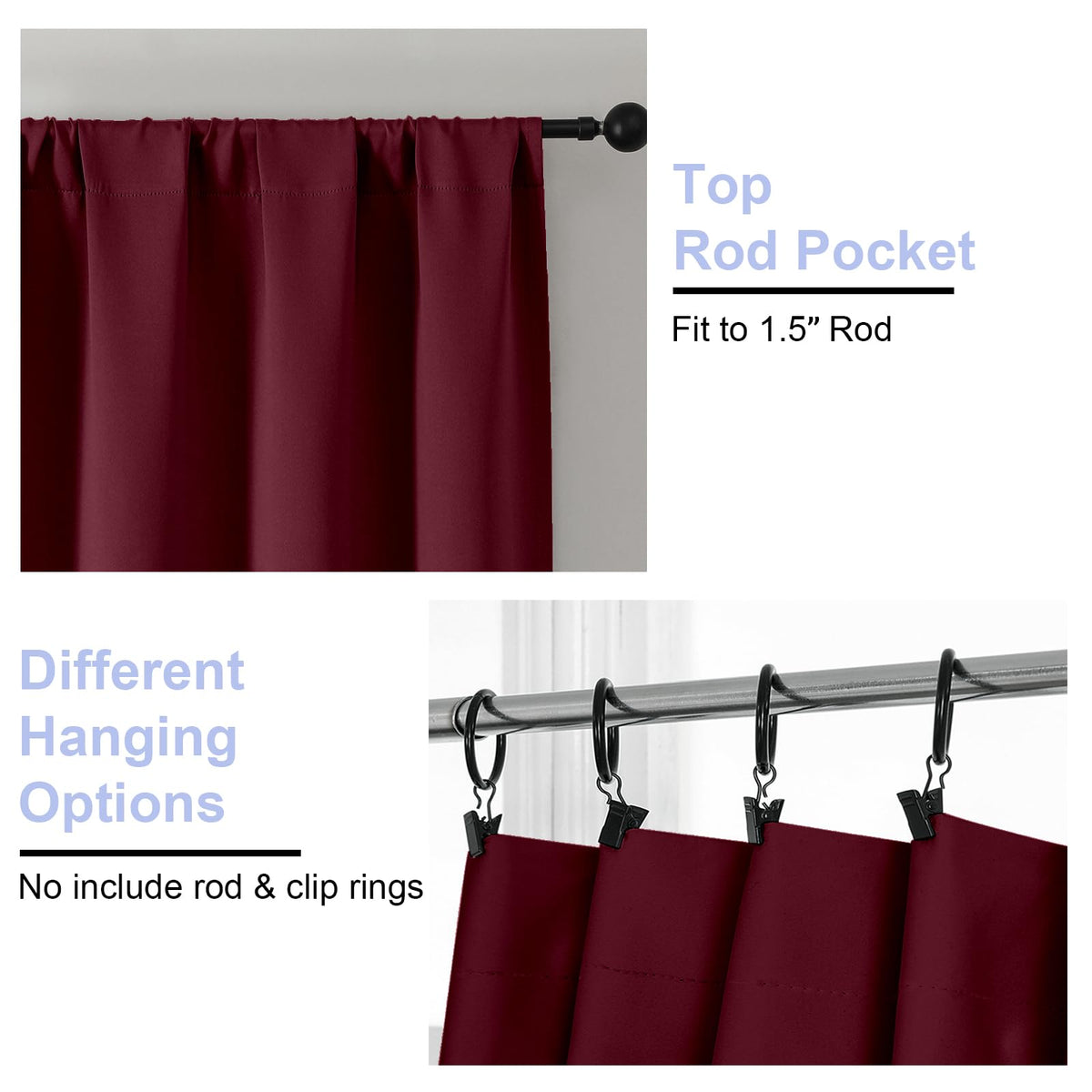 Ava Burgundy blackout curtains hanging in full drape for a cozy living room look.