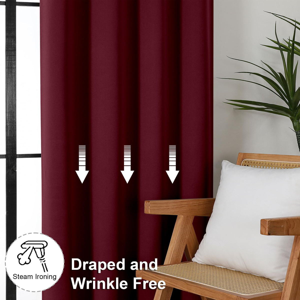 Energy-saving Ava Burgundy blackout curtains reduce heat transfer while preserving ambiance.