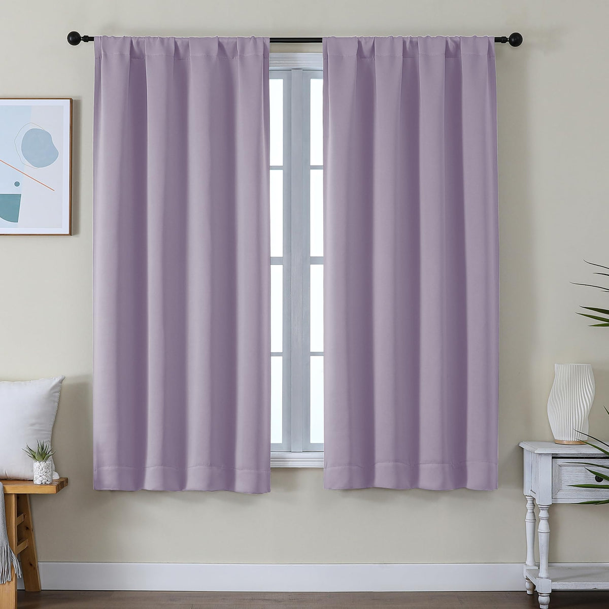 Simplebrand Ava Lilac curtain panel on a rod demonstrates light control for better sleep