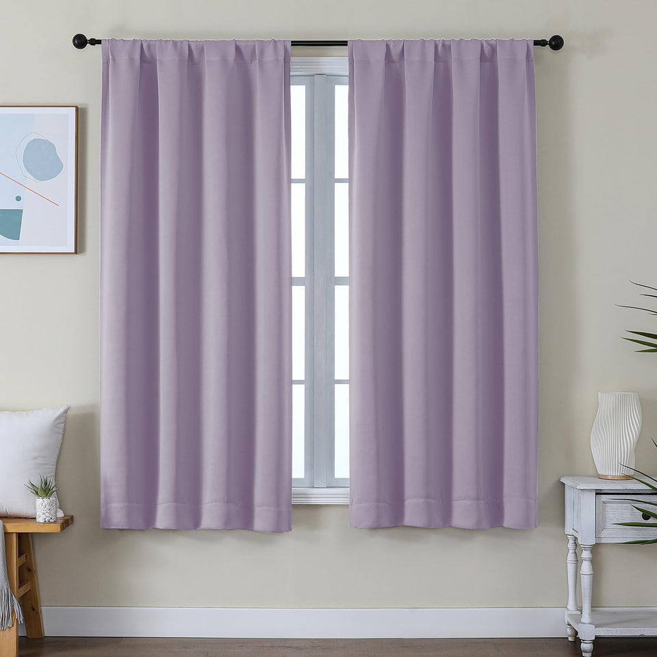 Simplebrand Ava Lilac curtain panel on a rod demonstrates light control for better sleep