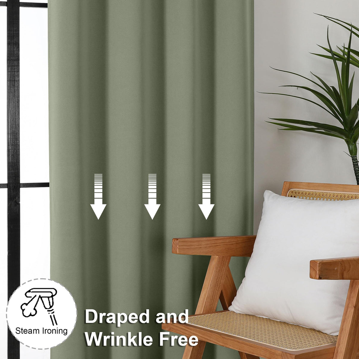 Simplebrand Ava sage green bedroom ambiance with privacy and soft light diffusion.