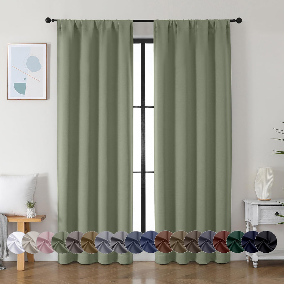 Simplebrand Ava Sage Green curtains, two-panel setup, ideal for bedroom privacy.