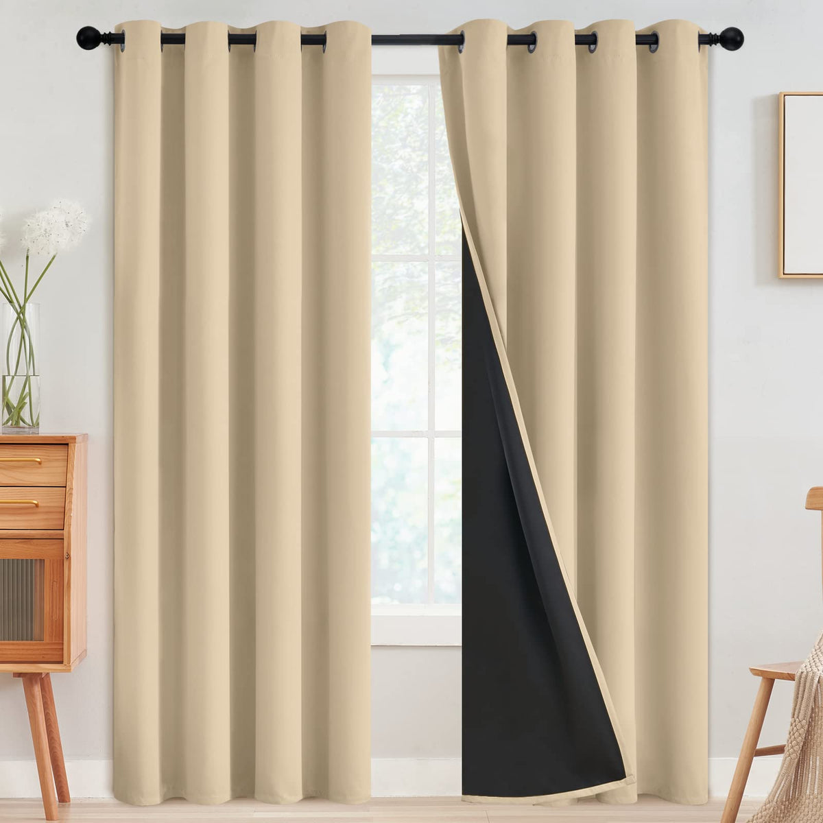 SimpleHome blackout curtains beige front view with silver grommets for easy sliding