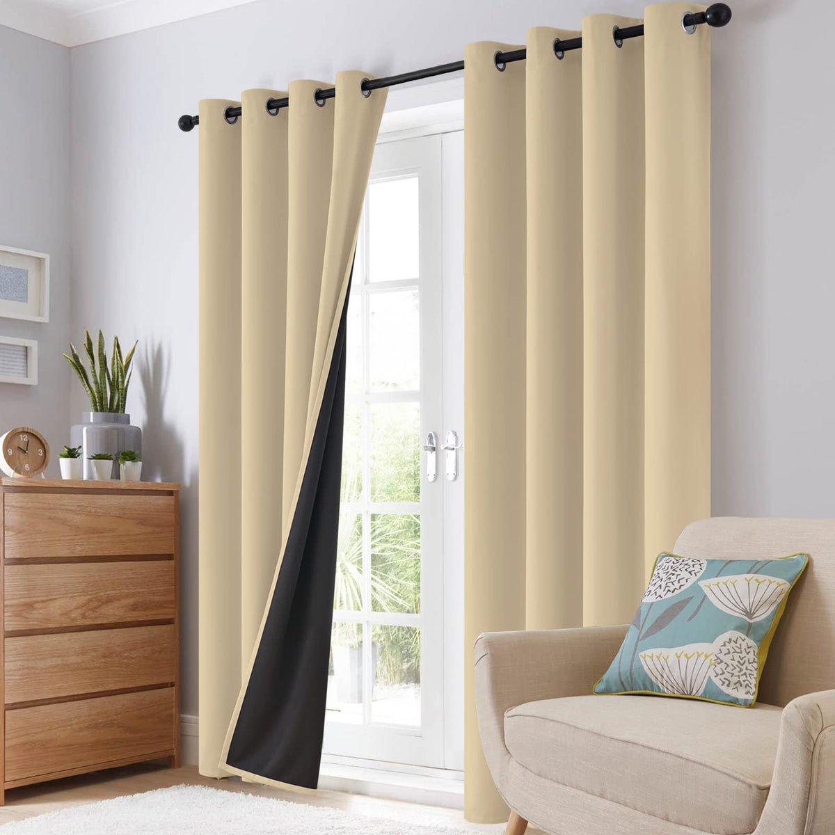SimpleHome beige blackout curtains in living room setup