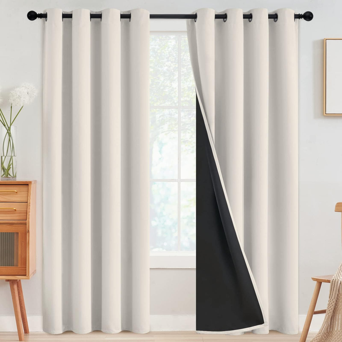 SimpleHome blackout curtains in cream with silver grommets block light for restful mornings.