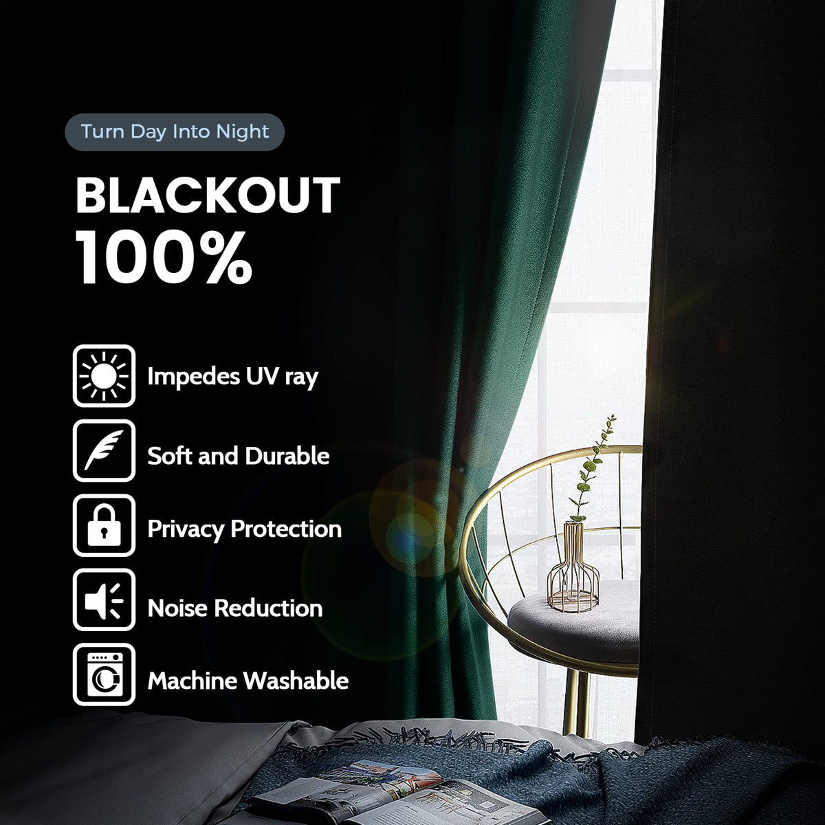 SimpleHome dark green blackout curtains with silver grommets, easy slide