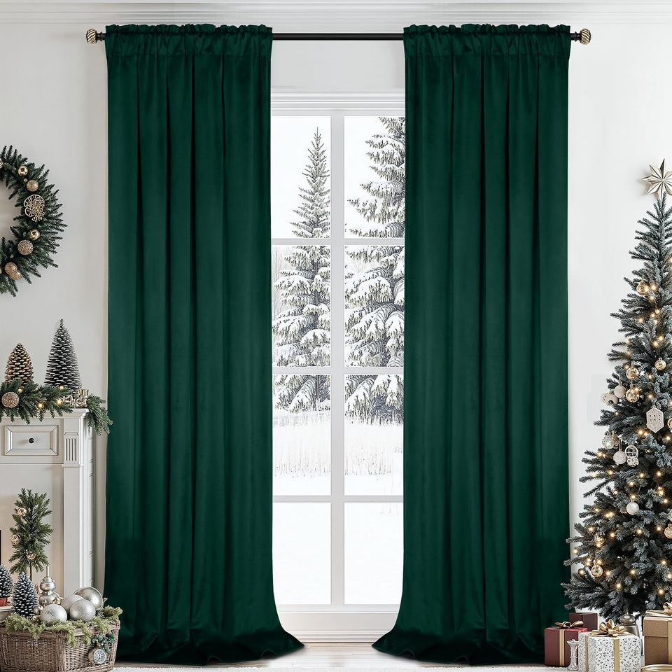 SimpleHome dark green velvet curtains with rod pocket for privacy and elegant room accent