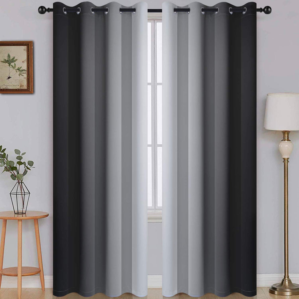 SimpleHome Ombre curtains gradient from black to grey white, enhancing room ambience and light control.