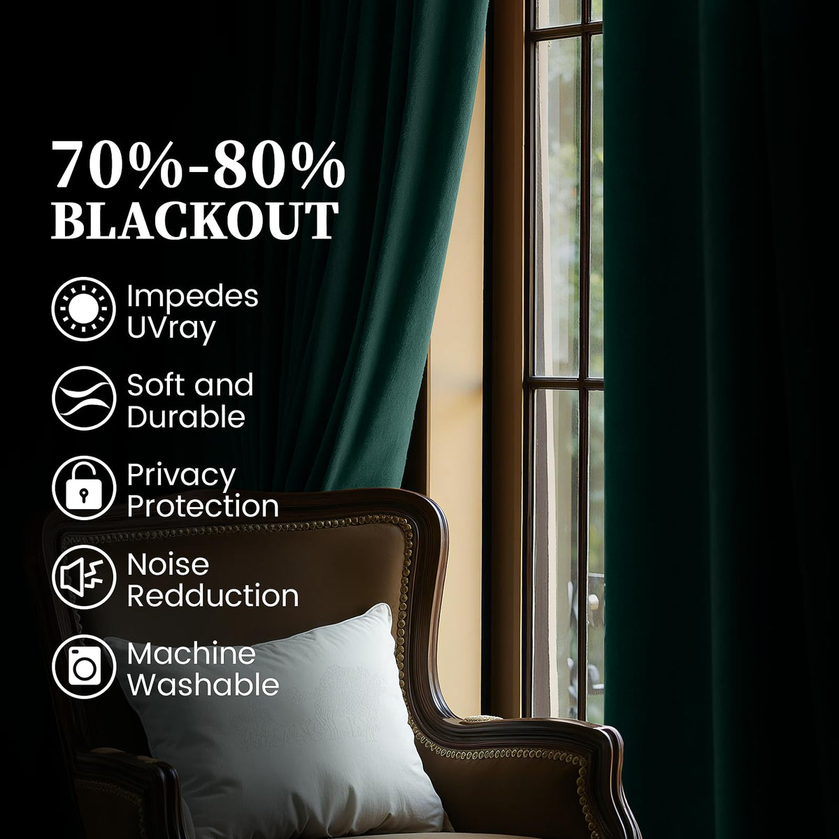 SimpleHome dark green velvet drapes offer room darkening and energy efficiency potential