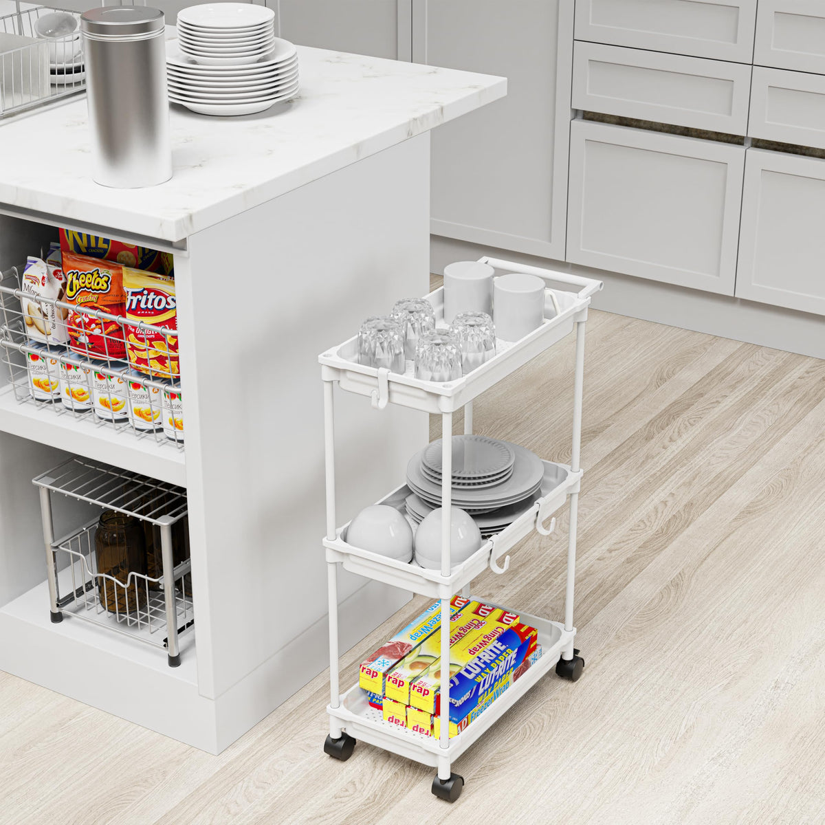 SimpleHouseware white cart with casters, showcasing effortless mobility.
