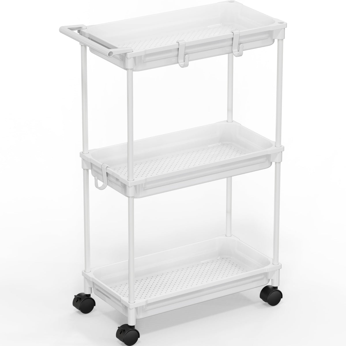 SimpleHouseware Standard 3-Tier Rolling Cart white, front view, space-saving design.