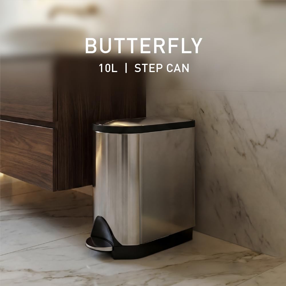 simplehuman 10l butterfly lid closed, demonstrating quiet, smooth operation for early mornings.