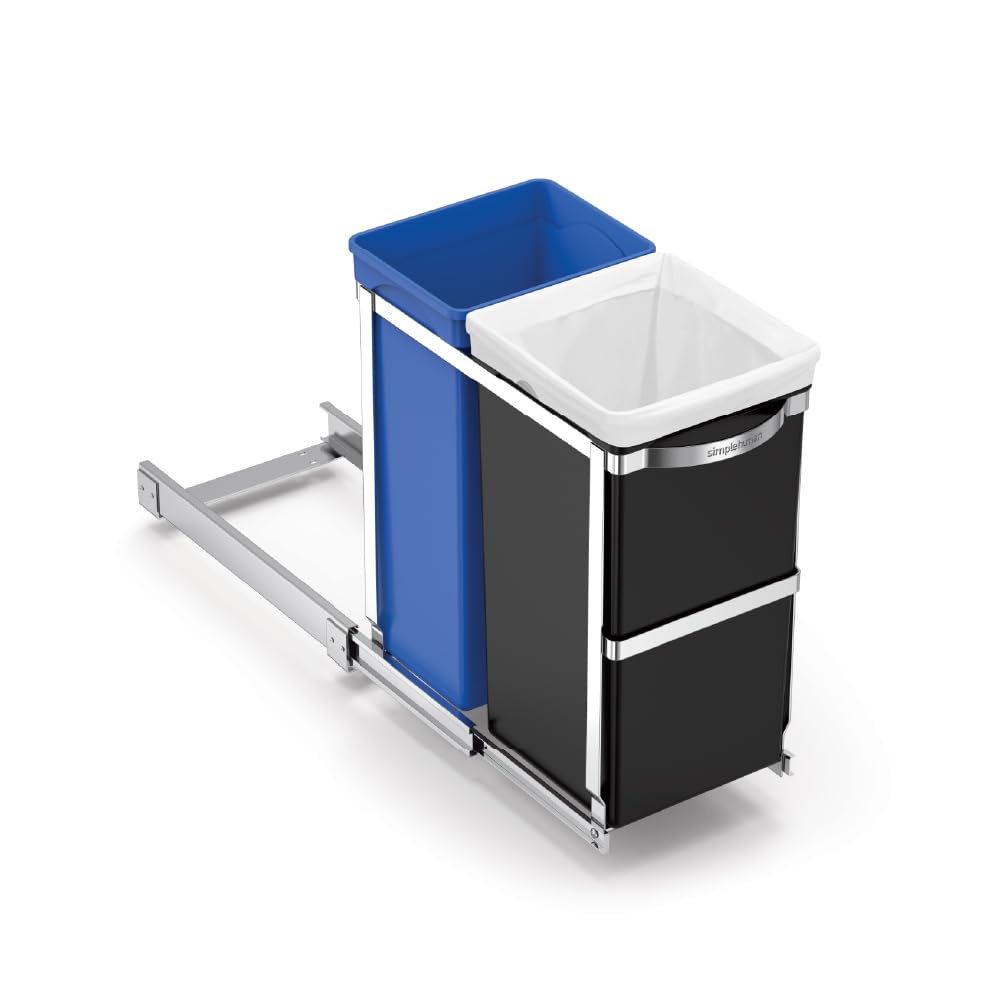 simplehuman 35l dual-compartment pull-out bin hidden behind cabinet door for a clean look