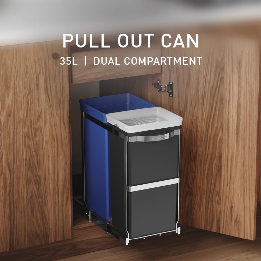 simplehuman dual-compartment design keeps trash and recycling neatly separated at the source