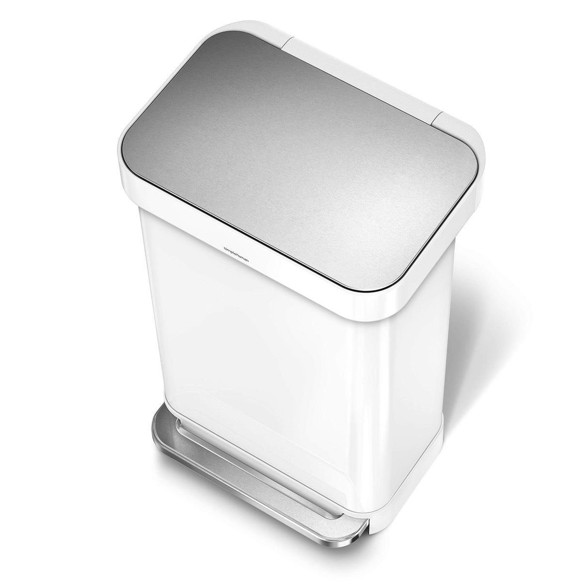 simplehuman 45L rectangular white stainless steel bin fits compact kitchens.