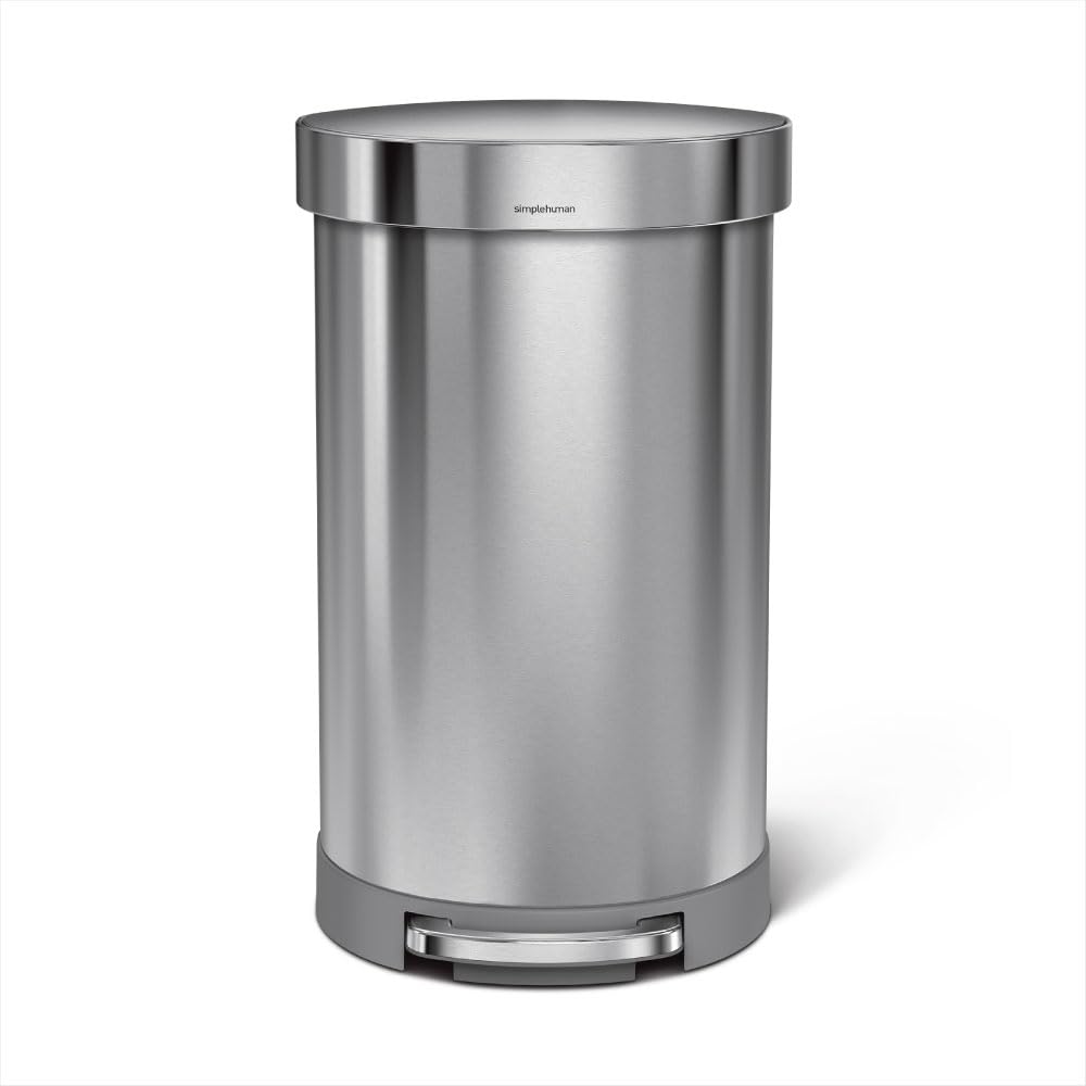 simplehuman 45L semi-round trash can front view with brushed stainless for a sleek kitchen look