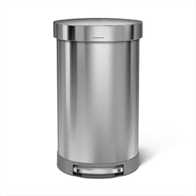 simplehuman 45L semi-round trash can front view with brushed stainless for a sleek kitchen look