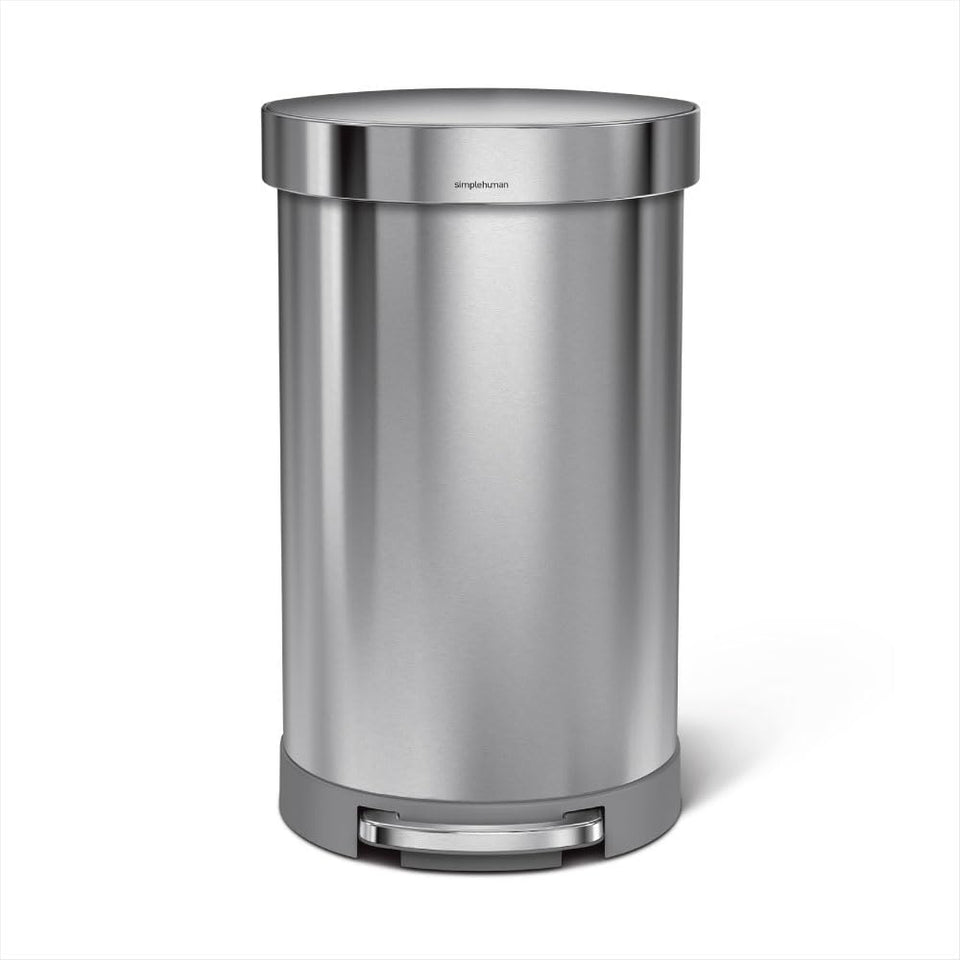 simplehuman 45L semi-round trash can front view with brushed stainless for a sleek kitchen look