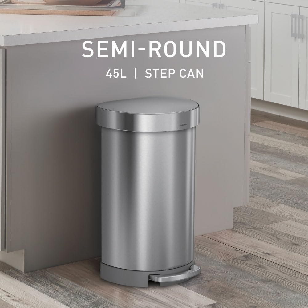 simplehuman 45L semi-round trash can pedal close-up shows durable steel operation