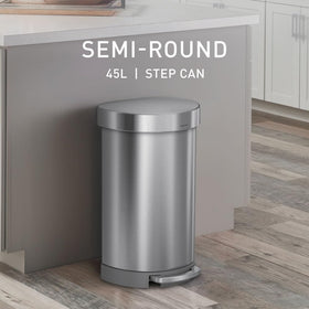 simplehuman 45L semi-round trash can pedal close-up shows durable steel operation
