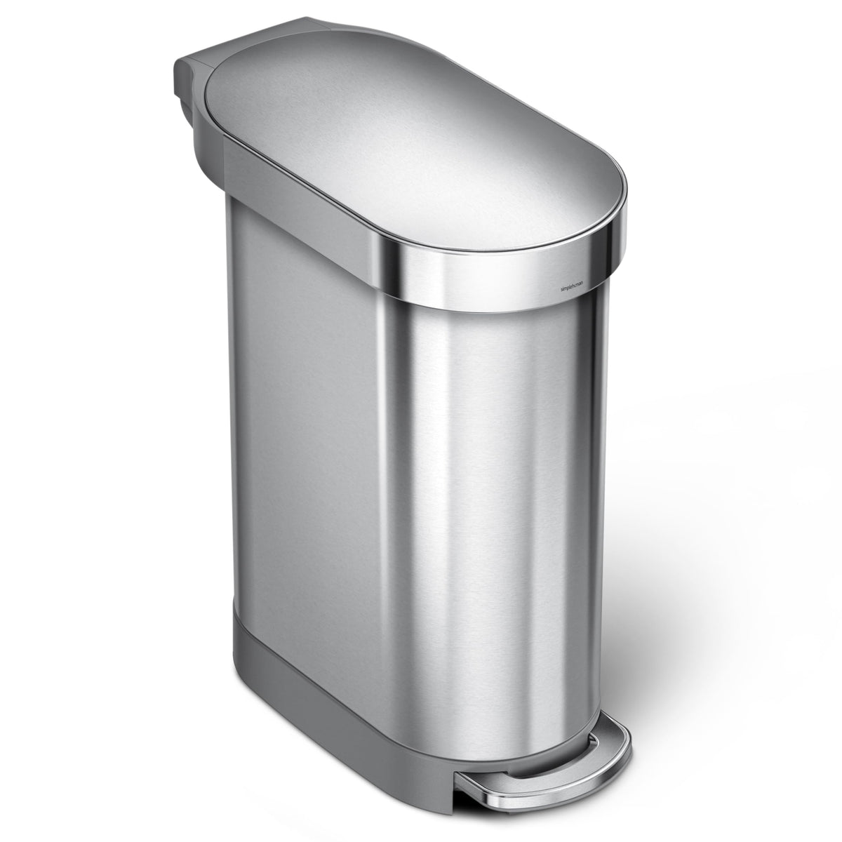 simplehuman 45L slim-step can with pedal, enabling hands-free disposal.