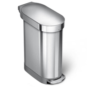 simplehuman 45L slim-step can with pedal, enabling hands-free disposal.