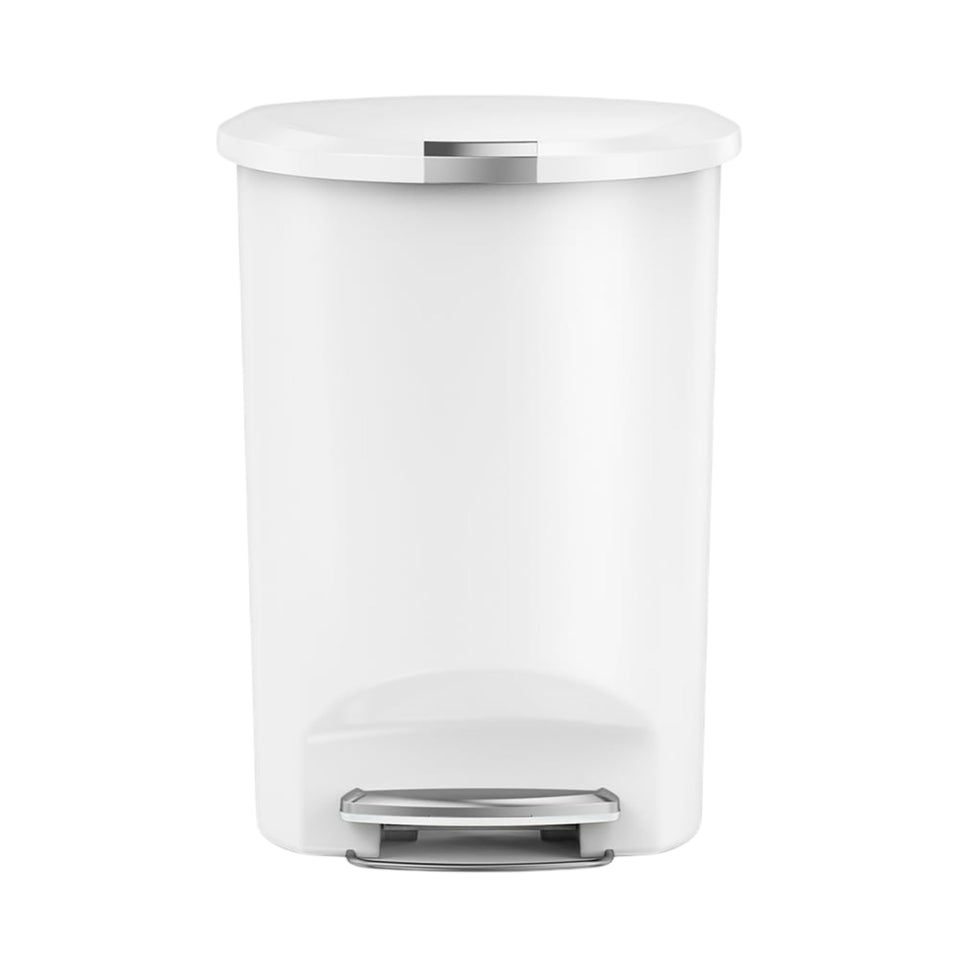 simplehuman 50L semi-round trash can with flat back fits snug against walls for a tidy kitchen