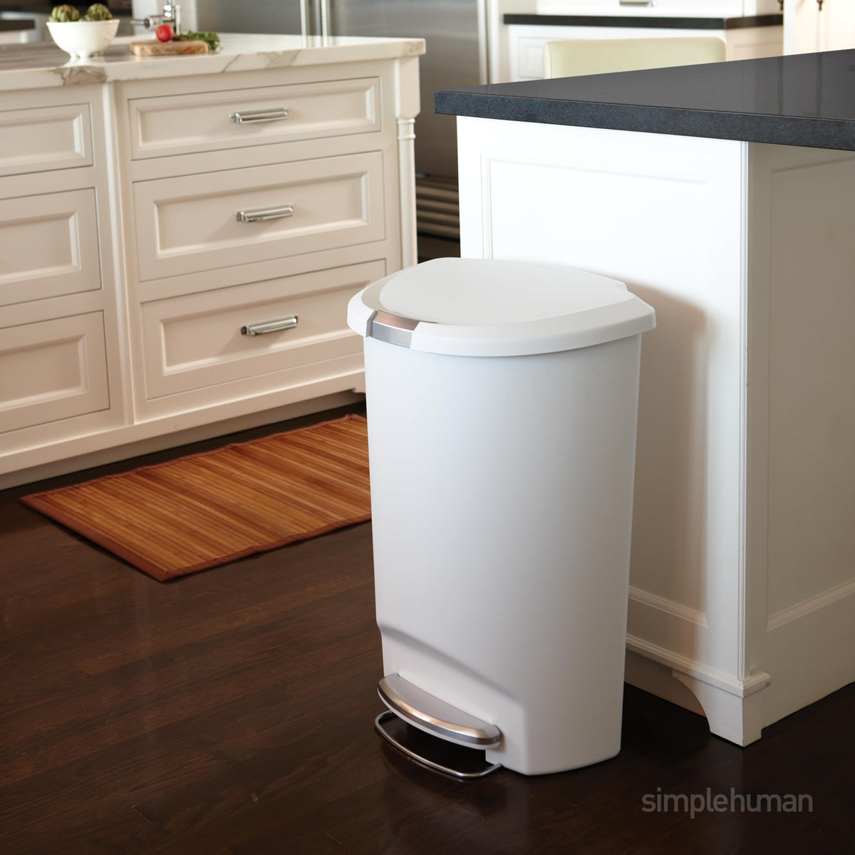 simplehuman 50L semi-round trash can with soft-close lid for quiet, controlled use