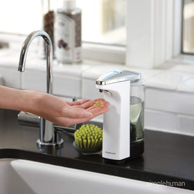 Simplehuman 8 oz sensor pump shows quick dispense action for convenient handwashing.