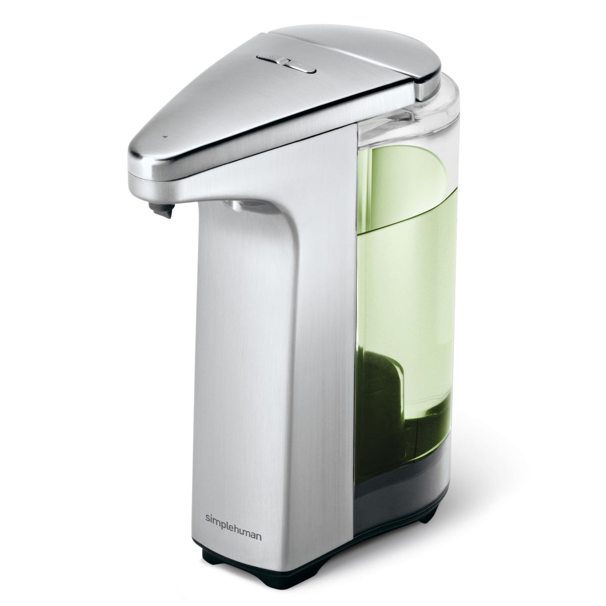 Simplehuman 8 oz sensor pump with brushed nickel, front view, for touchless soap dispensing.