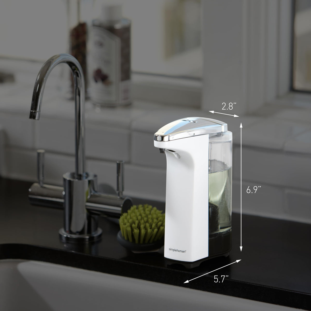 Wide-refill opening on the simplehuman dispenser enables easy topping up.