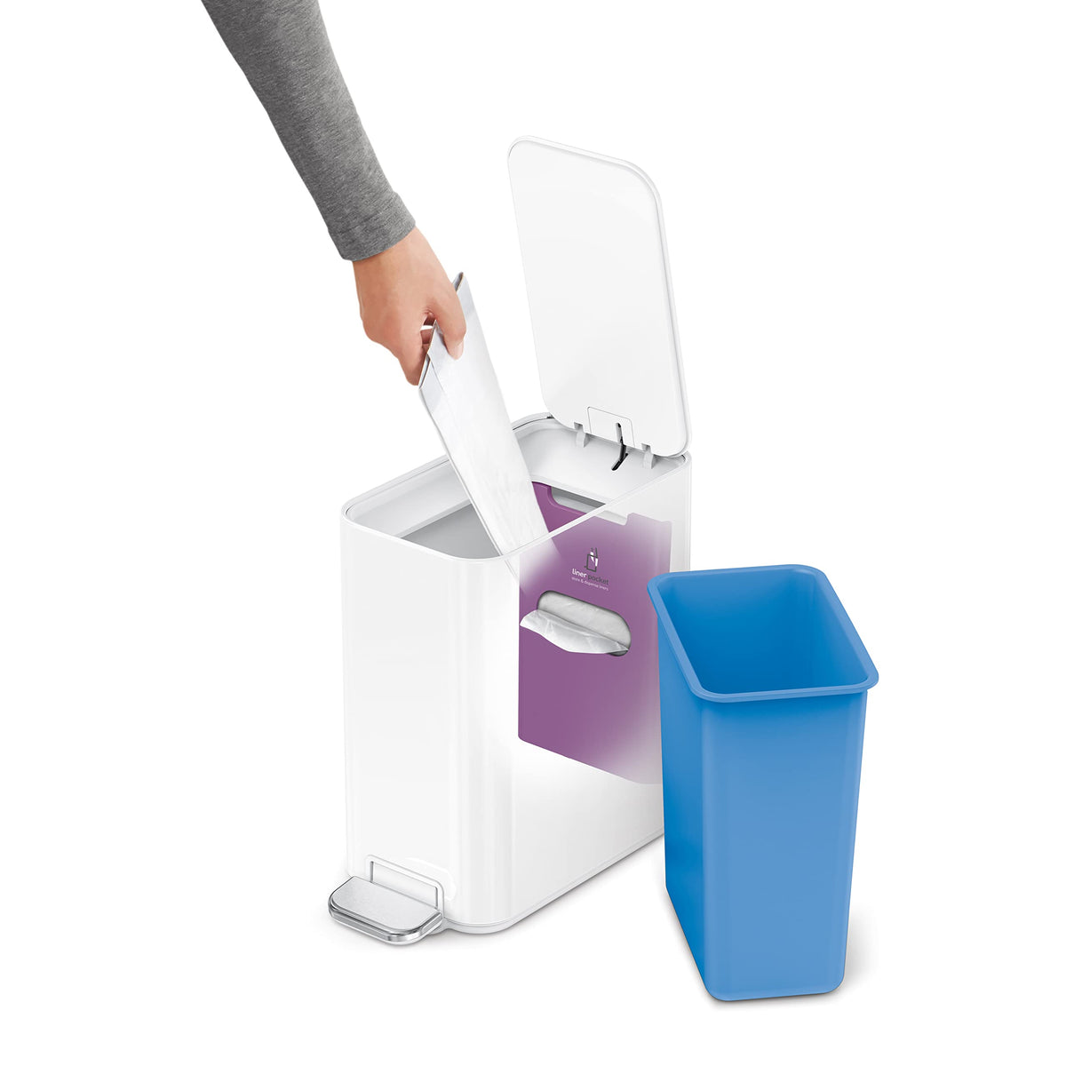 simplehuman bathroom trash can with liner pocket demonstrates quick, organized liner access.