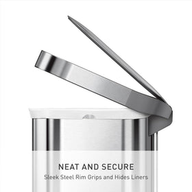 simplehuman brushed stainless steel body resists fingerprints and water spots.